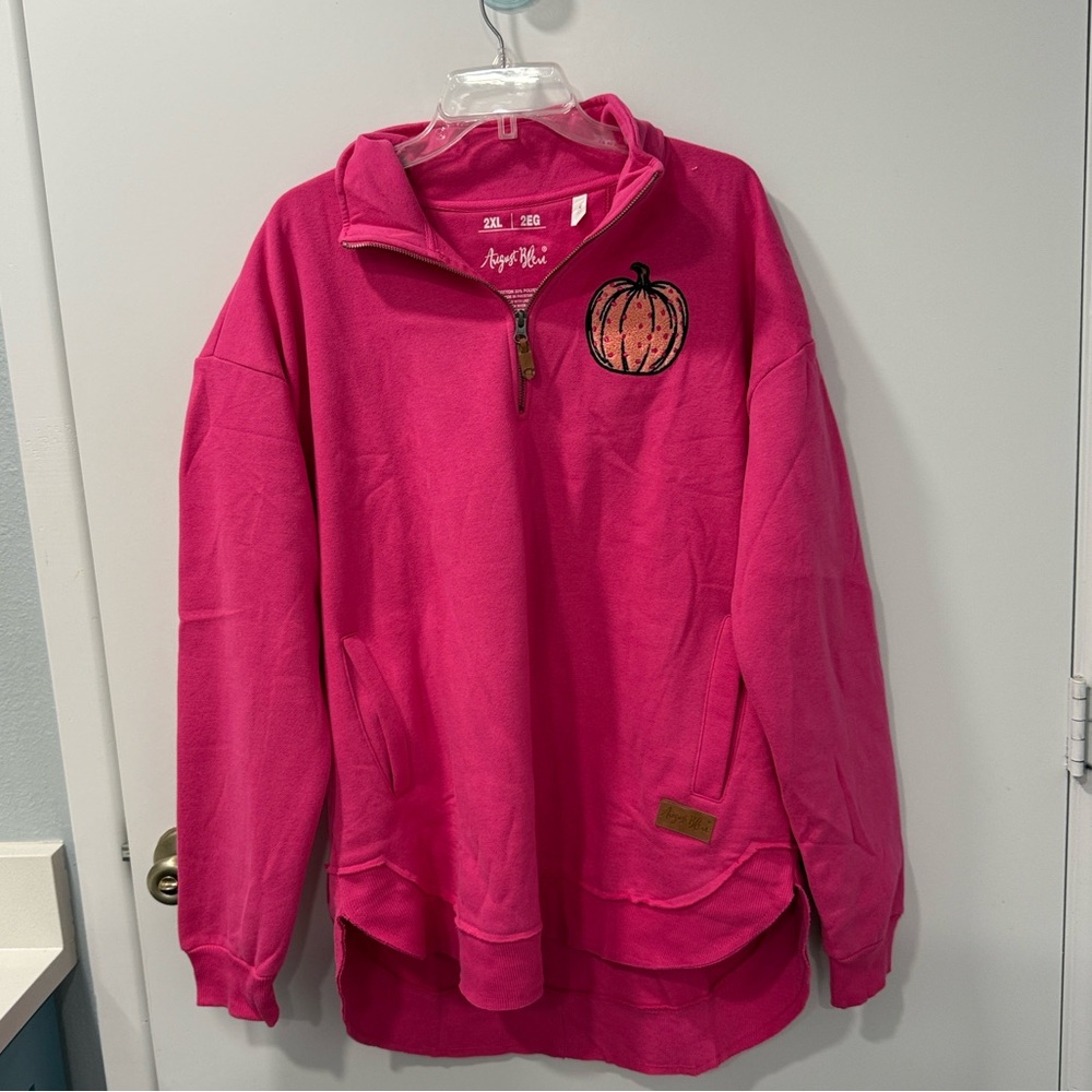 August Bleu Vibrant Pink Quarter Zip Sweatshirt with Pumpkin Detail Size 2XL NWT